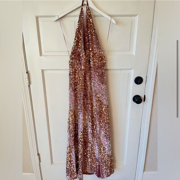NWT Free People Glitter and Gold Sequin Pink Sweetheart Halter Velvet Slit dress - Picture 3 of 5
